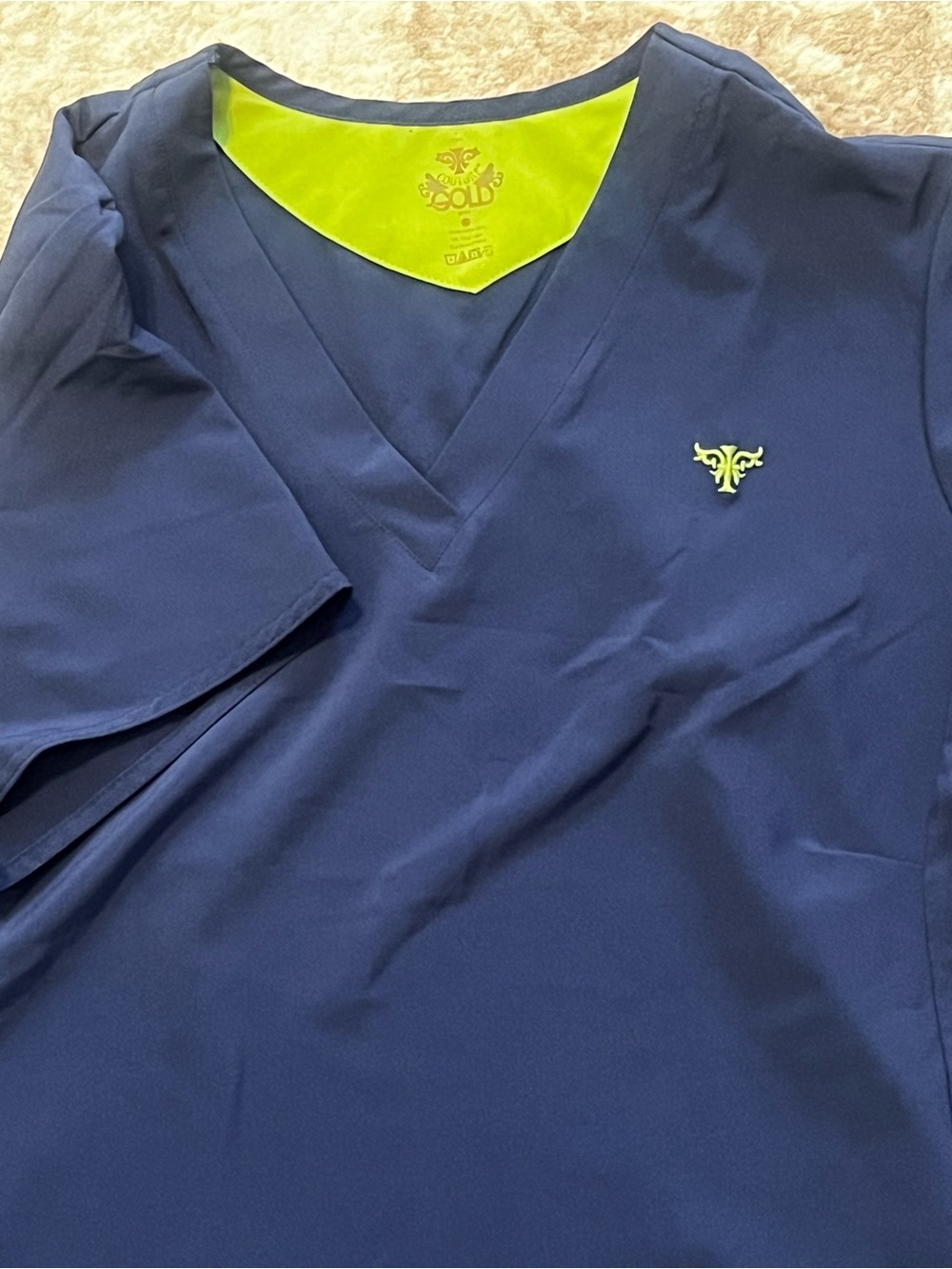 Iguana Med Couture Gold Womens Large Navy Blue V-Neck Scrub Top Stretch L